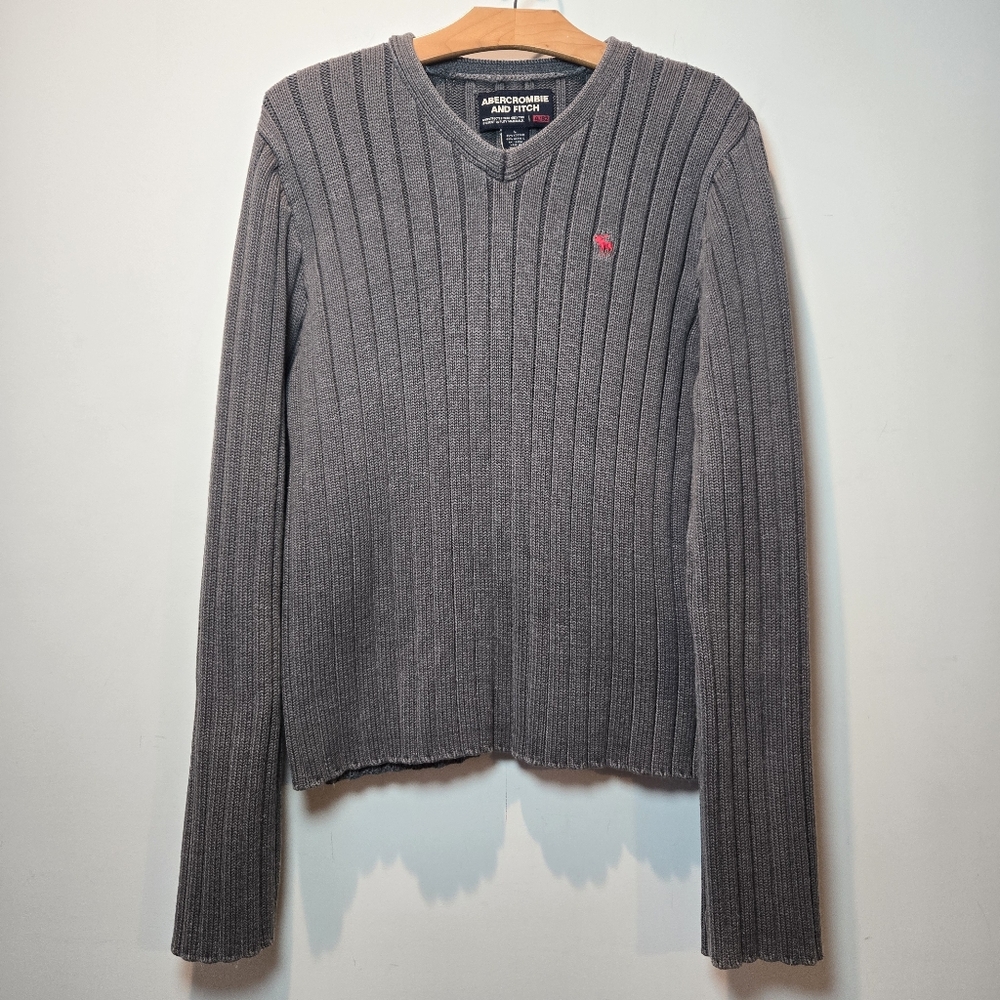 Abercrombie & Fitch Y2k Sweater Large Men's Gray Ribbed V-Neck